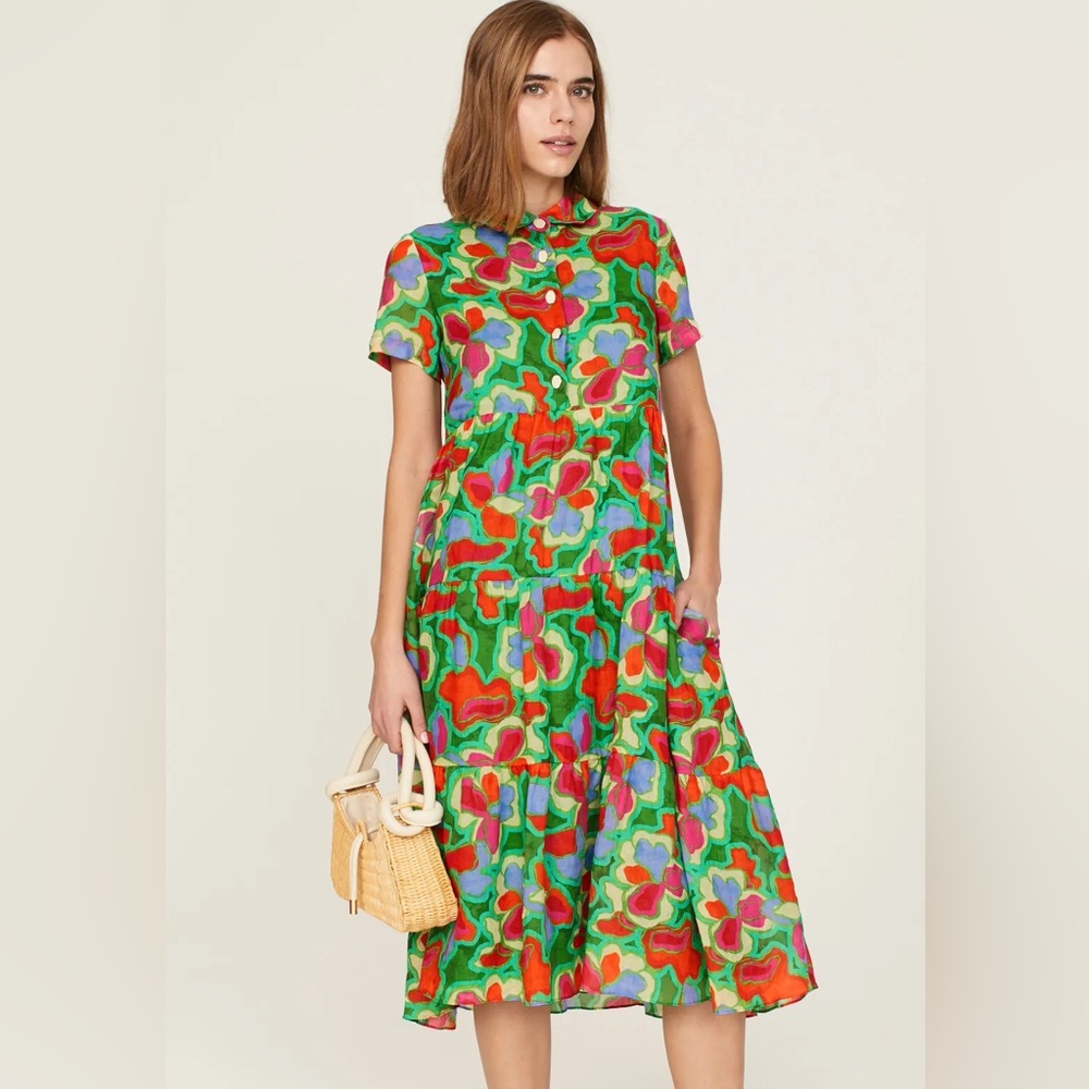 Amanda Uprichard Pierre Midi Dress Floral Green Linen Ramie Size Medium